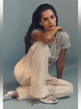Pilcro Anthropologie Cream Boyfriend Jeans with Stud Detailing